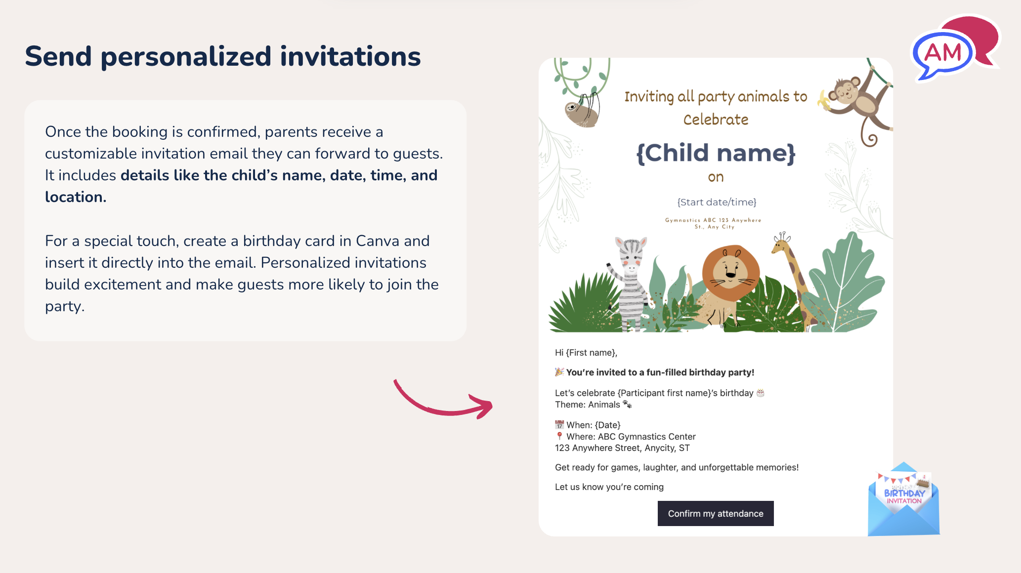 Example of a personalized birthday party invitation created in Activity Messenger 